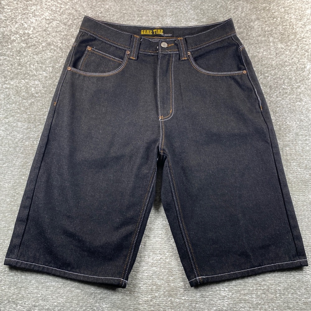 Game Time Mens Baggy Y2K Hip Hop Denim Shorts Black Contrast Stitch Size 32